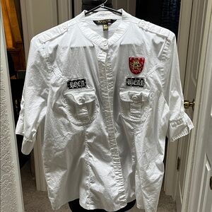 Rocawear White Button Up Casual Shirt with Embroidered Patches